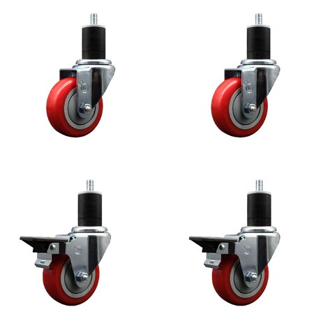 Service Caster 3.5'' Red Poly Wheel Swivel 1-3/4'' Expanding Stem Caster Set 2 Brakes, 4PK SCC-EX20S3514-PPUB-RED-2-PLB-2-134